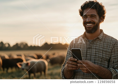 Farmer Using Smartphone to Monitor Livestock Movement Farmer Using Smartphone to Monitor Livestock Movement 119856058