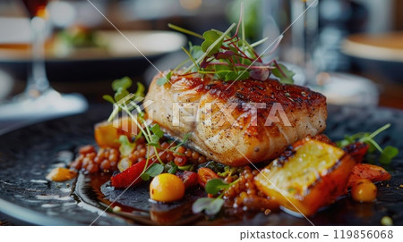 A plate of food with a piece of fish and vegetables 119856068