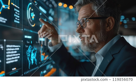 A man in a suit is pointing at a computer screen with a finger A man in a suit is pointing at a computer screen with a finger 119856070