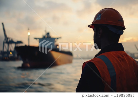 Workers Observing Cargo Ship Operations at Port Workers Observing Cargo Ship Operations at Port 119856085