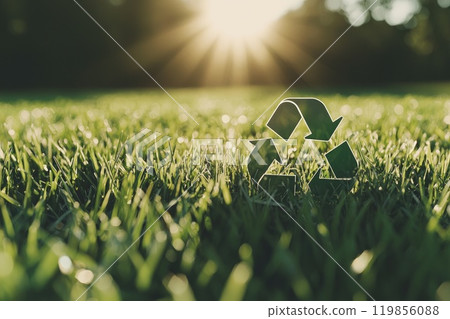 Green Recycle Icon on Grass in Natural Light 119856088