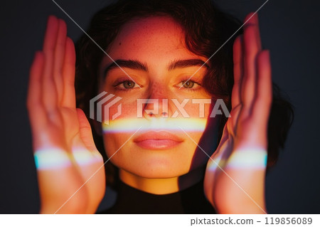 Portrait featuring a model with hands framing her face, bathed in softly transitioning neon Portrait featuring a model with hands framing her face, bathed in softly transitioning neon 119856089