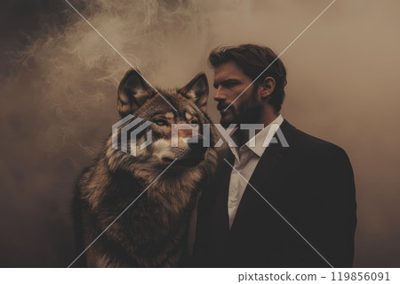 Wolf in Tuxedo with Stylish Man Portrait Wolf in Tuxedo with Stylish Man Portrait 119856091