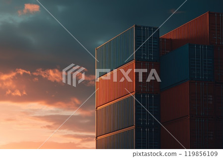 Stacked Shipping Containers at Dusk Stacked Shipping Containers at Dusk 119856109