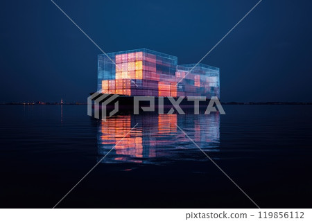 A container ship, featuring vivid holographic designs and reflections in the tranquil waters, Vivid Container Ship at Portside View A container ship, featuring vivid holographic designs and reflections in the tranquil waters, Vivid Container Ship at Portside View 119856112
