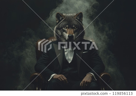 Wolf in Tuxedo with Dramatic Smoke Background Wolf in Tuxedo with Dramatic Smoke Background 119856113