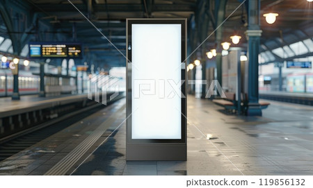 A large white billboard sits in the middle of a train station A large white billboard sits in the middle of a train station 119856132