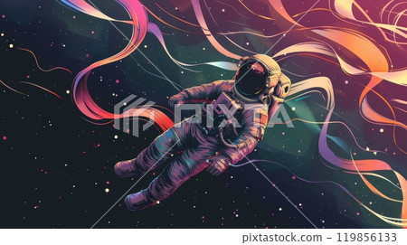 A colorful space scene with a man in a spacesuit flying through it A colorful space scene with a man in a spacesuit flying through it 119856133