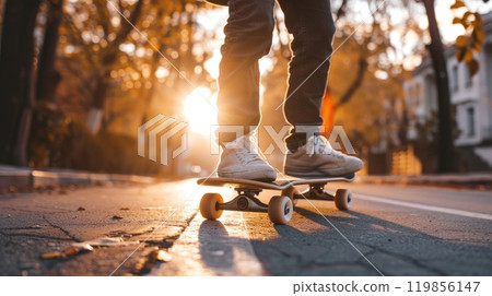 Urban Skater at Golden Hour - Teenager Enjoying Skateboarding in the Cityscape at Sunset. 119856147