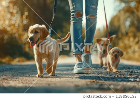 Professional dog walker, Walking dogs on a leash through the park, Canine Companions Professional dog walker, Walking dogs on a leash through the park, Canine Companions 119856152