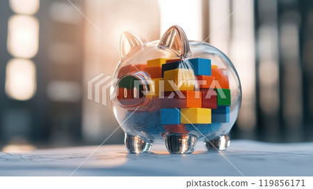 Colorful Transparent Piggy Bank with Building Blocks Colorful Transparent Piggy Bank with Building Blocks 119856171