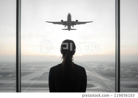Woman Waiting at Airport with Plane in Background 119856183
