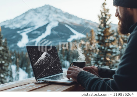 Freelancer Working from Cabin in Snowy Mountain Landscape Freelancer Working from Cabin in Snowy Mountain Landscape 119856264