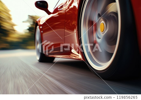Sleek Sports Car Wheel Close-Up on Road Sleek Sports Car Wheel Close-Up on Road 119856265