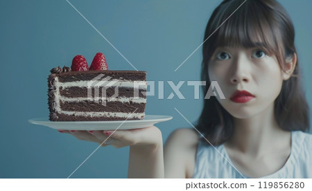 Temptation resisted: Asian woman forgoes cake, promoting healthy eating Temptation resisted: Asian woman forgoes cake, promoting healthy eating 119856280