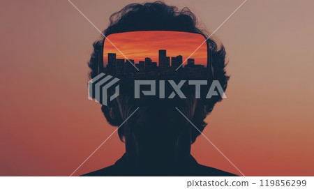 Futuristic Double Exposure of Elderly Woman with Cityscape Futuristic Double Exposure of Elderly Woman with Cityscape 119856299