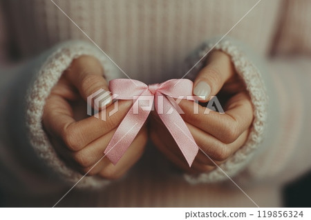 Woman Holding Pink Ribbon Tied Around Fingers Woman Holding Pink Ribbon Tied Around Fingers 119856324