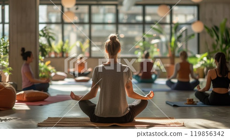 A group of people are sitting on yoga mats in a room with plants 119856342