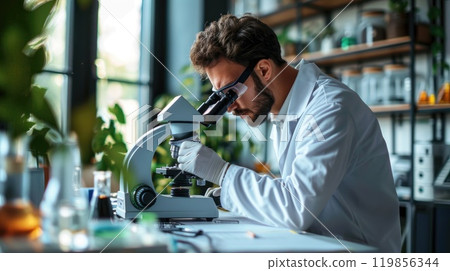 Doctor examining samples with microscope in laboratory, Innovative medical research 119856344