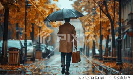 Businessman Strolling Through Rainy Autumn City Street with Briefcase and Umbrella in Vintage Setting. Businessman Strolling Through Rainy Autumn City Street with Briefcase and Umbrella in Vintage Setting. 119856359