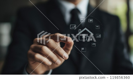 Professional in Suit Interacting with Holographic Interface Professional in Suit Interacting with Holographic Interface 119856360