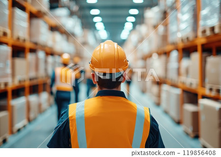 A man in a yellow vest and a hard hat walks through a warehouse 119856408