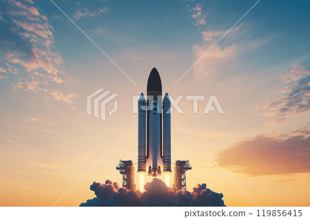 Rocket Poised on Launch Pad at Sunrise 119856415