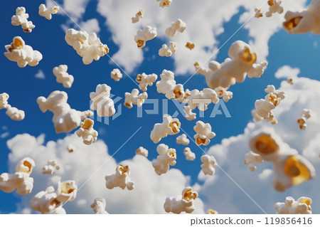 Popcorn Floating in Blue Sky with Clouds Popcorn Floating in Blue Sky with Clouds 119856416