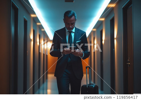 Businessman in Hotel Hallway with Smartphone 119856417