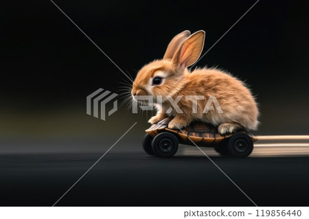 Cute Rabbit in Motion on a Toy Vehicle Cute Rabbit in Motion on a Toy Vehicle 119856440