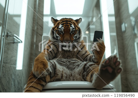 Tiger Relaxing on Toilet with Phone Tiger Relaxing on Toilet with Phone 119856490