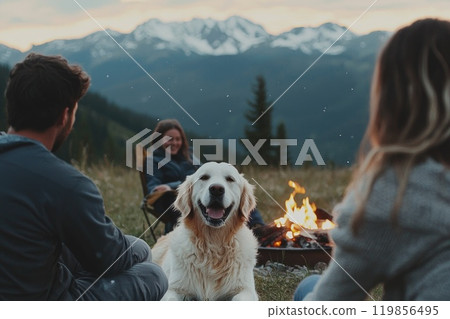 Family Gathered Around Campfire at Dusk with Dog 119856495