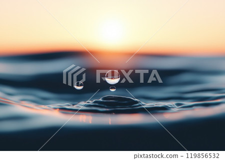 Water droplets resting on a tranquil surface during sunset capturing the serene beauty and clarity of nature's design in a moment of peace 119856532