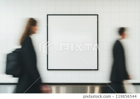Modern Interior View of a Clean Shopping Mall with Blank Advertising Poster Banner Modern Interior View of a Clean Shopping Mall with Blank Advertising Poster Banner 119856544