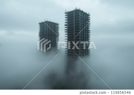 Unfinished Residential Towers Amidst Fog Unfinished Residential Towers Amidst Fog 119856546