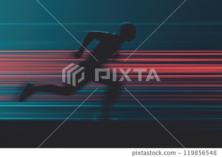Dynamic Runner in Motion with Vibrant Background 119856548