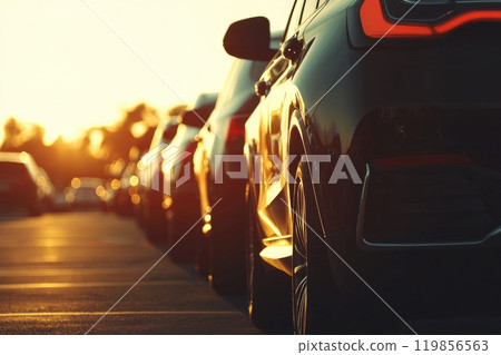 A serene view of neatly parked cars in an outdoor parking lot during sunset, Neatly Parked Cars at Sunset in Outdoor Lot 119856563