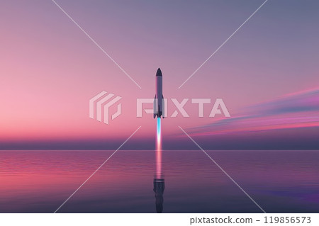 Futuristic Rocket Launch at Sunset Over Calm Waters Futuristic Rocket Launch at Sunset Over Calm Waters 119856573