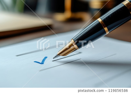 Close-Up of Pen Filling Out Checklist Document 119856586