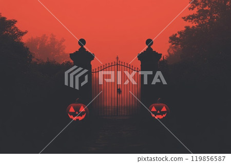 Eerie Cemetery Gate with Halloween Jack o lanterns 119856587