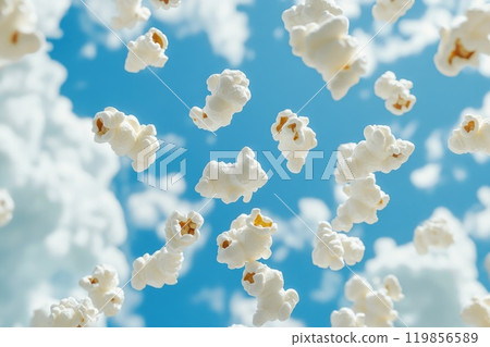 Popcorn Floating in a Blue Sky with Clouds 119856589
