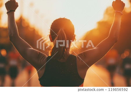 Runner Celebrates Victory at Finish Line 119856592