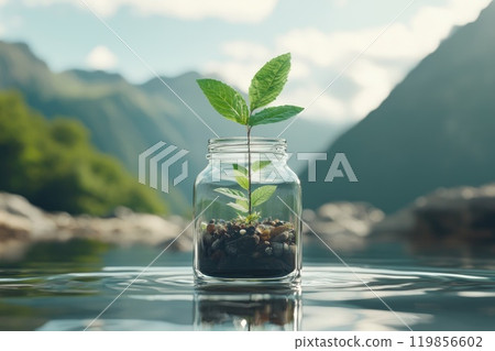 Fresh Growth in Glass Container with Nature Background Fresh Growth in Glass Container with Nature Background 119856602
