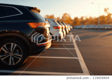 Neatly Parked Cars in Outdoor Parking Lot 119856604