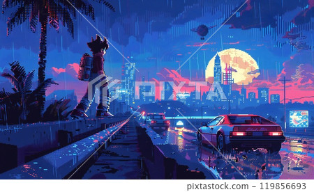 Heroes of retro games stand by the highway in the pixel universe 119856693