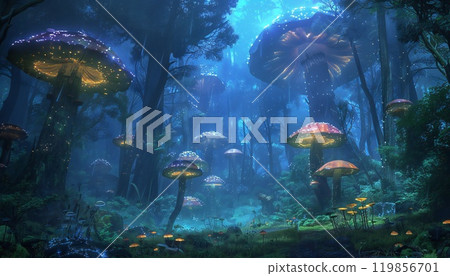 A forest of luminous mushrooms creates a magical ambiance 119856701