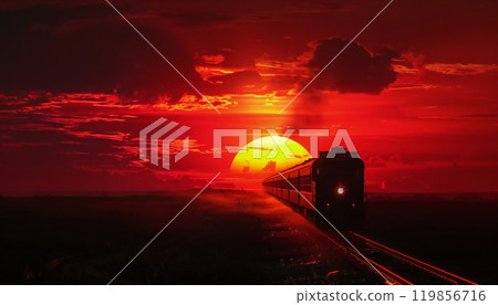A solitary train streaks towards the horizon, silhouetted by the fiery sunset 119856716