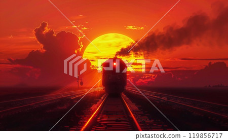 The lone train races into the distance, a dark figure against the burning sky 119856717