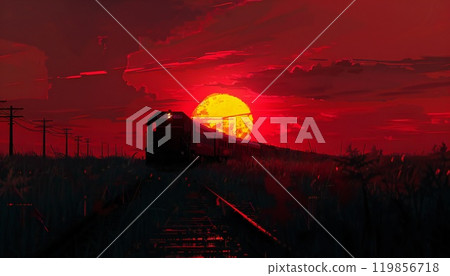 A fiery sunset frames a solitary train rushing towards the horizon 119856718