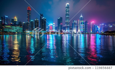 The night cityscape illuminated by multi-colored lights is reflected in the water 119856887